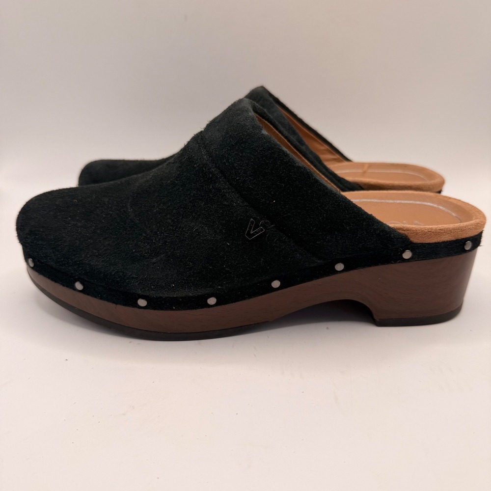 Vionic Kacie Black Suede Studded Wood Platform Clogs Mules Womens 8 VW18254